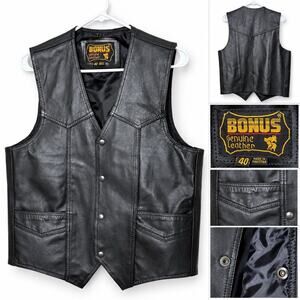 Bonus Genuine Black Leather Vest Mens 40 or M Snap Front Pockets